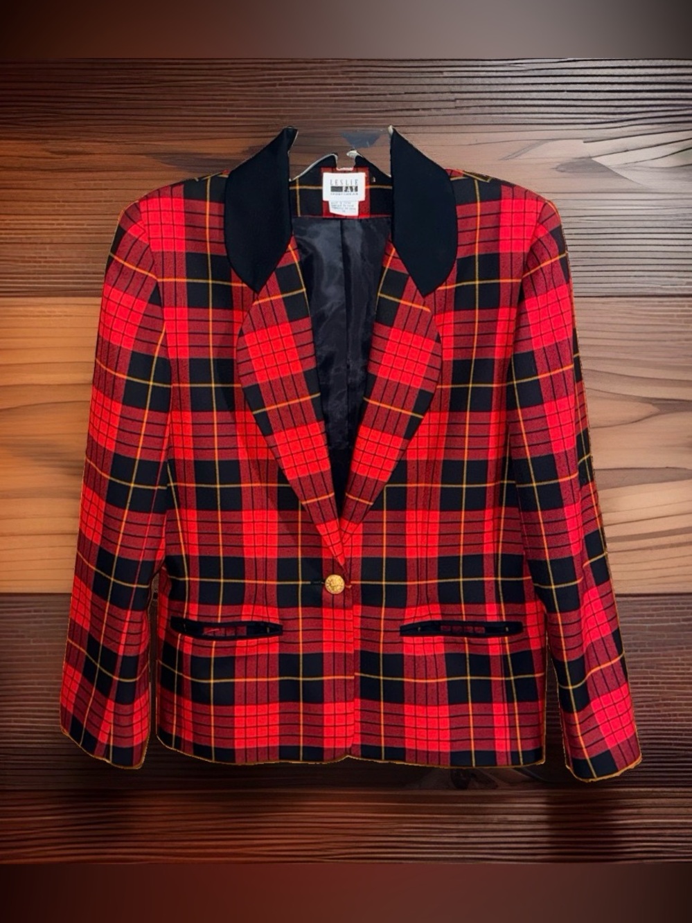 Vtg 1980’s Leslie Fay Sportswear Red Plaid Single-Button Blazer-10-EC